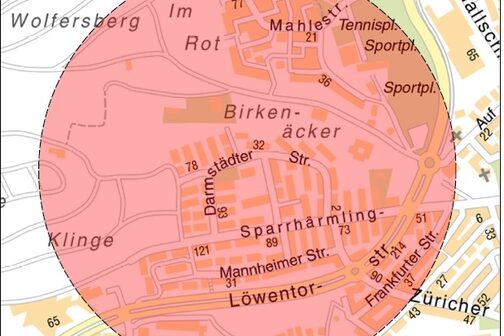 Übersicht - 500m Radius (roter Bereich)