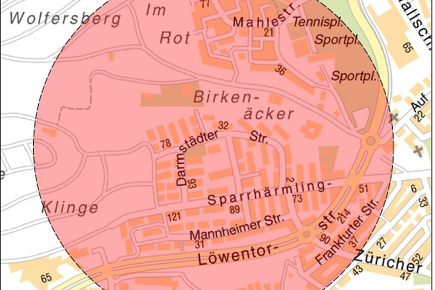 Übersicht - 500m Radius (roter Bereich)