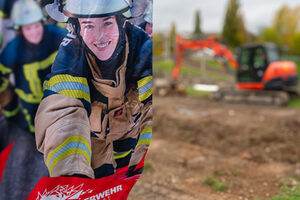 Beachflag Freiwillige Feuerwehr mit der Bauchfläche im Hintergrund